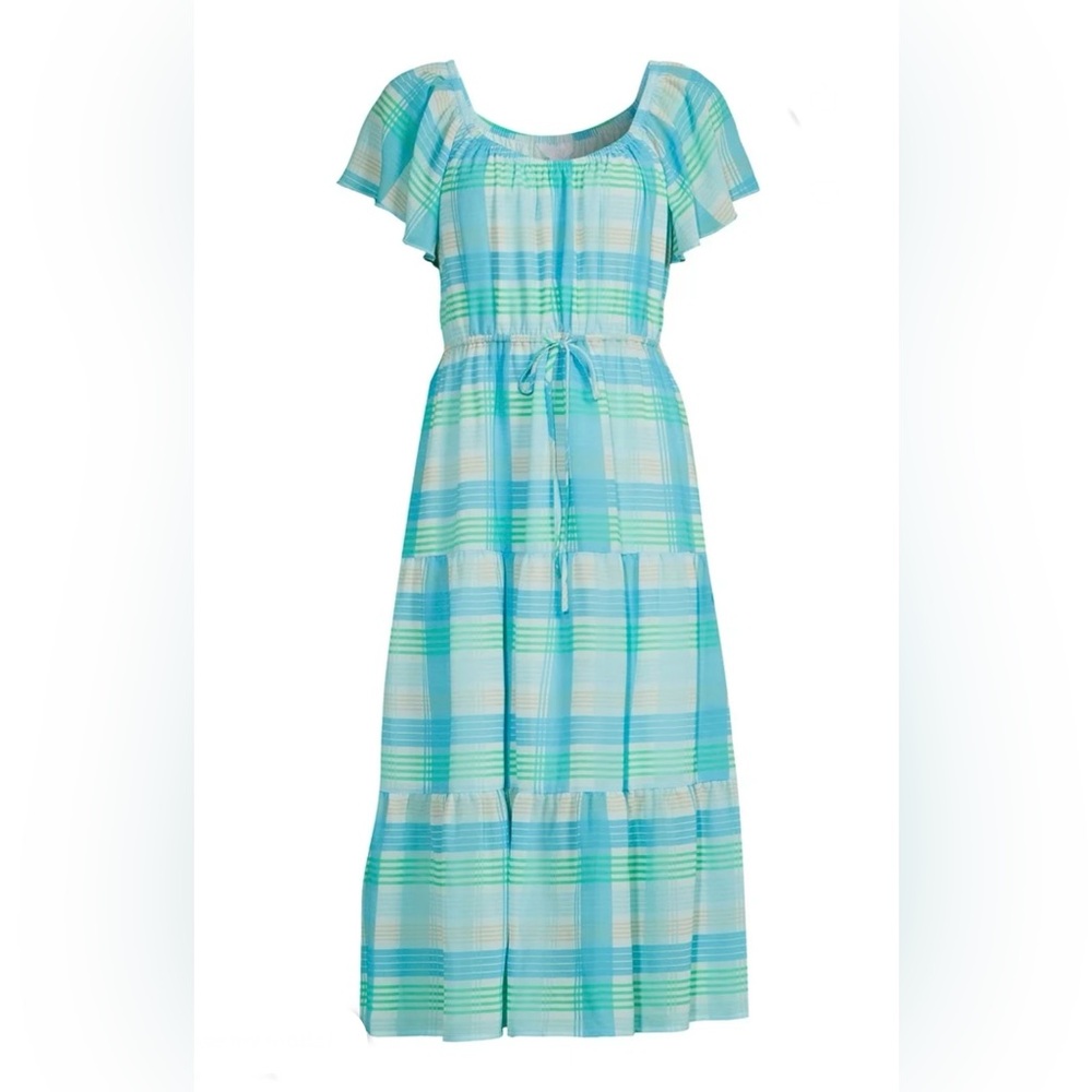 Time and Tru Plaid Flutter Sleeve Tiered Midi Dress Spring Summer Breezy Boho XL